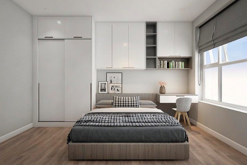 Giường ngủ công nghiệp hiện đại với thiết kế gỗ ấn tượng.