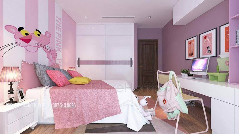 Thiết kế nội thất phòng ngủ bé gái với tông màu hồng nhẹ nhàng và nữ tính.